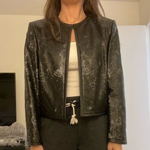 Escada Lace Detail Black Leather Jacket